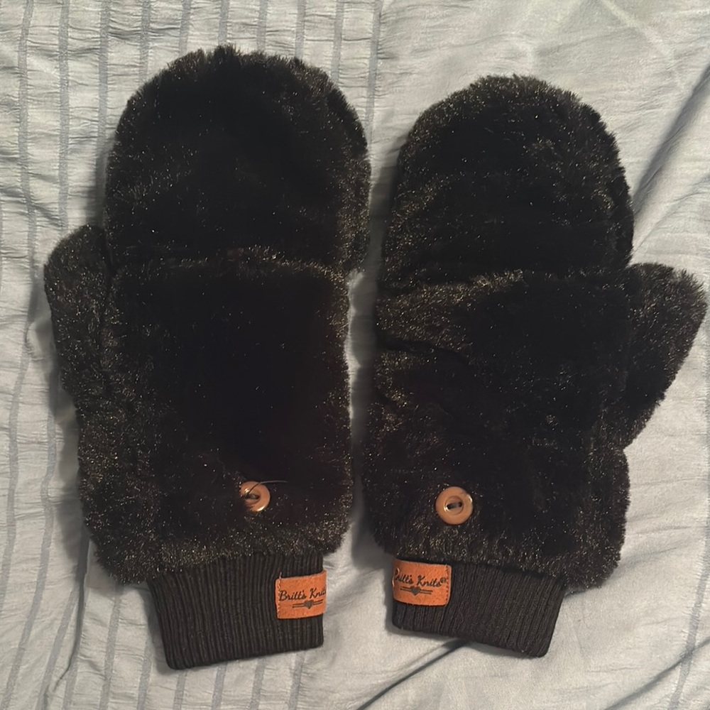 Black Faux Fur Mittens with Button Detail